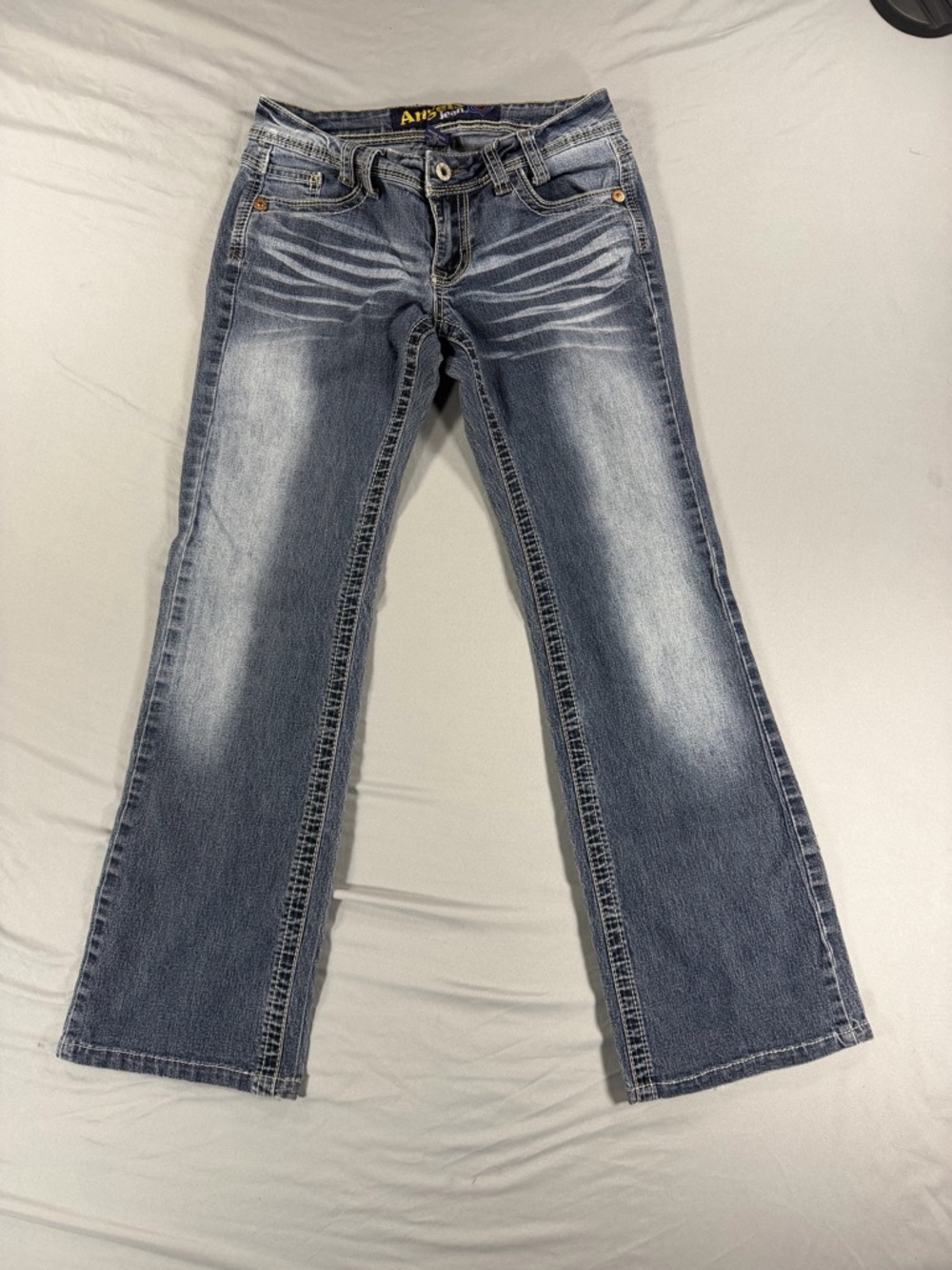Y2K 2000s Angels Bootcut Jeans Size 3 Blue Denim Embroidered Stretch Pockets